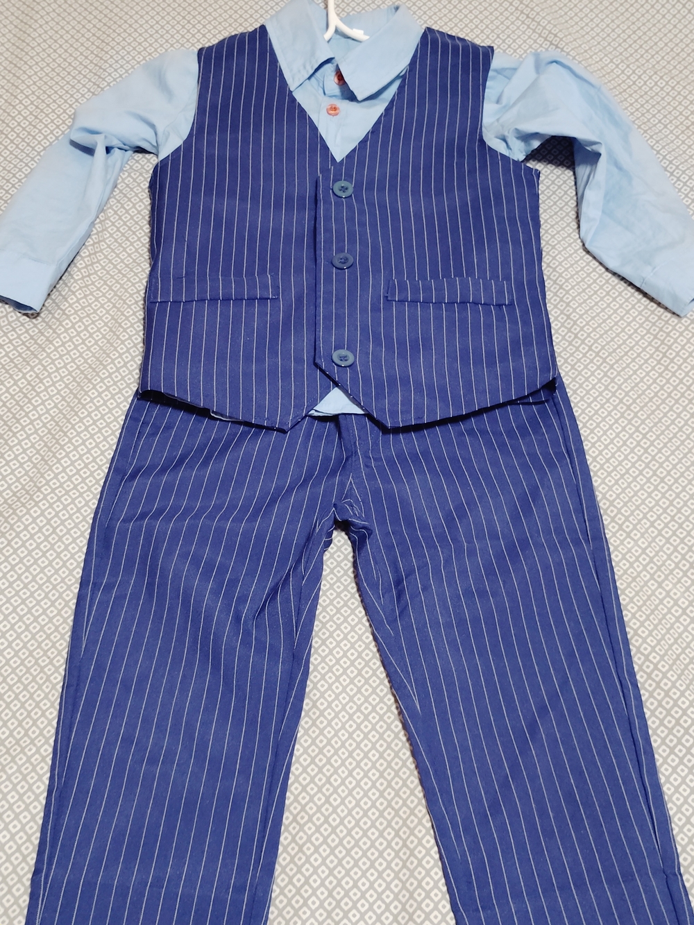 Boys Navy Pinstripe Vest & Pants Suit Set with Light Blue Shirt